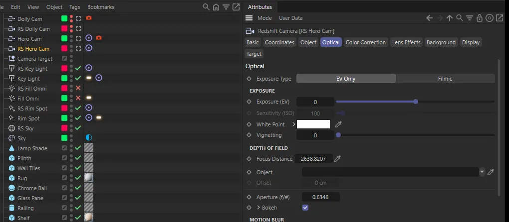 The Object Manager with each Octane camera followed by its RS camera, and the Redshift Camera’s Optical tab showing Focus Distance, Aperture (f/#) and Bokeh switched on