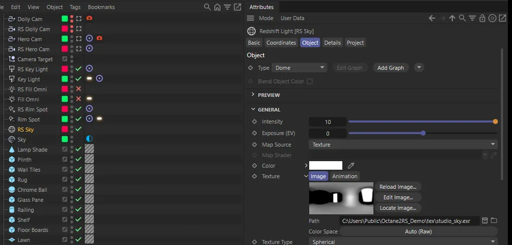 The Object Manager with the Octane Sky and the new RS Sky above it, and the RS Sky’s Attribute Manager showing Type Dome, Intensity 10 and the HDRI file path on its Texture