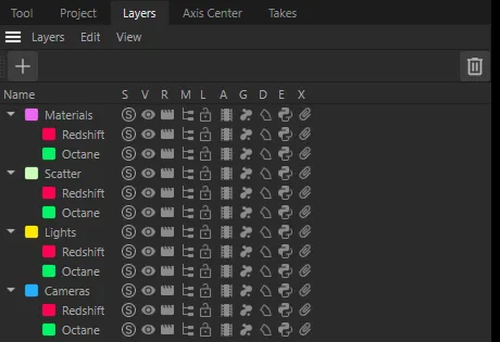 The Layer Manager after a conversion: Materials, Scatter, Lights and Cameras layers, each with a red Redshift and a green Octane sub-layer