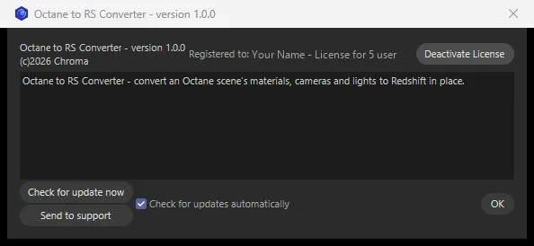 The aescripts licence window for an activated converter: Registered to Your Name, License for 5 users, with Deactivate License, Check for update now, Send to support and OK