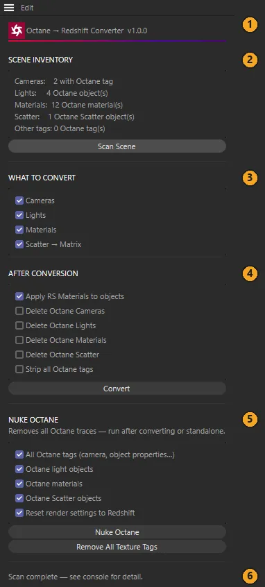 The converter panel with numbered callouts: 1 header, 2 Scene Inventory, 3 What to Convert, 4 After Conversion, 5 Nuke Octane, 6 status line