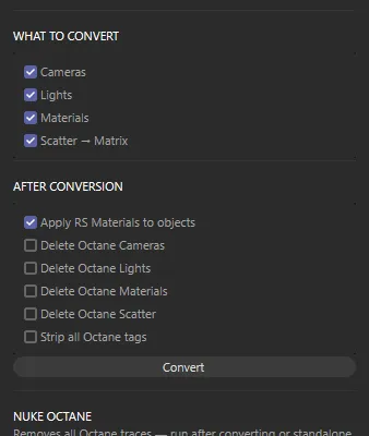 The Octane to Redshift Converter panel open on an Octane scene, with the Scene Inventory counting 2 cameras, 4 lights, 12 materials and 1 Scatter