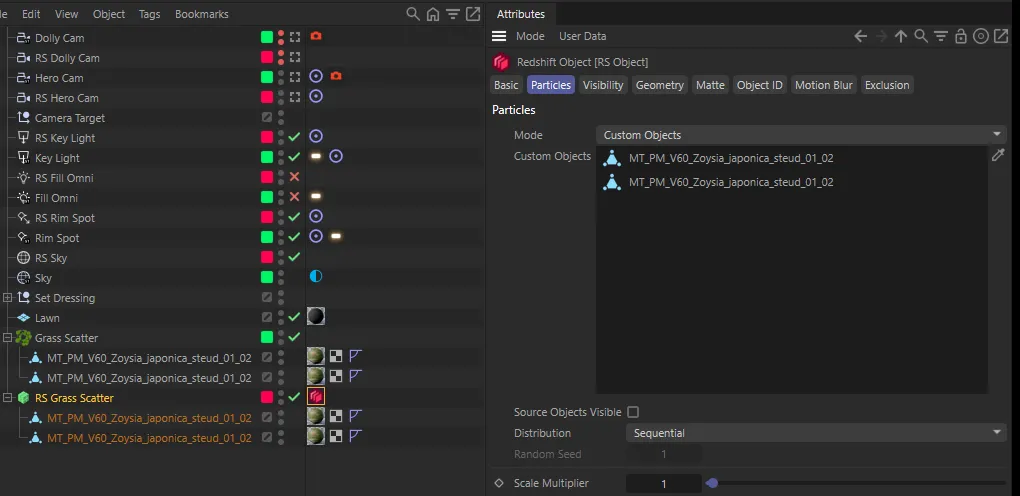 The Object Manager with the Octane Grass Scatter and the new RS Grass Scatter Matrix below it, each holding copies of the two grass objects, and the Redshift Object tag’s Particles tab set to Custom Objects listing them